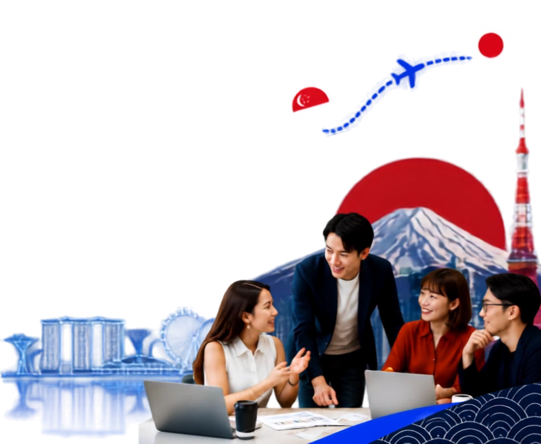 An illustrated flight route connecting Singapore and Japan, with the Marina Bay Sands skyline, Mount Fuji, Tokyo Tower, and a group of businesspeople collaborating around a table